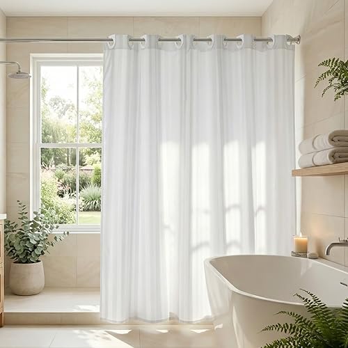 Croydex Regency Stripe White Shower Curtain, 1800x1800mm - Machine Washable - Water Resistant Fabric - 100% Polyester - Cling Resistant Weighted Hem - 12 Metal Eyelets