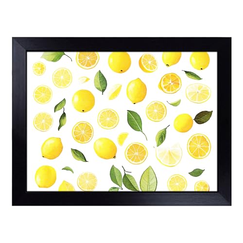 Lap Tray with Bean Bag Cushion, Lemon Fruit Pattern - Handmade in the UK, Raised Wooden Edge, Padded Cushion, Heat-Resistant Wipe-Clean Surface, for Meals, Laptops and Crafts