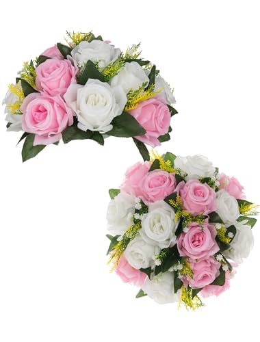 BLOSMON Flower Balls Rose Centerpieces: 2 Pcs Pink 9.5 Inch Fake Flowers Kissing Balls Decor Artificial Wedding Floral Arrangements Silk Flower Bouquet with base Home Party Room Table DIY Decorations