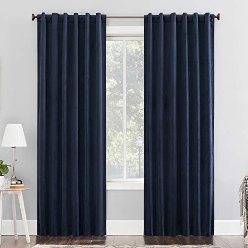 "Sun Zero Hampshire Velvet Noise Reducing Thermal Extreme Total Blackout Back Tab Curtain Panel, 50"" x 84"", Navy Blue"