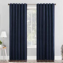 "Sun Zero Hampshire Velvet Noise Reducing Thermal Extreme Total Blackout Back Tab Curtain Panel, 50"" x 84"", Navy Blue"