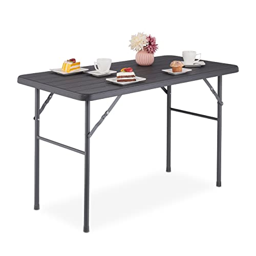 Relaxdays Garden, Wood Look, Angular, HxWxD: 74 x 118 x 60 cm, Plastic, Metal, Folding Patio Table, Grey