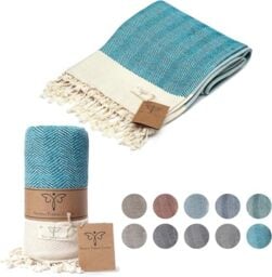 SMYRNA TURKISH COTTON Herringbone Series Throw Blanket 100% Cotton-Large 152 x 205 cm Wearable Cosy Blanket -Made in Turkey-Machine Washable-Premium Luxury Bath Towel&Picnic Rug-Turquoise