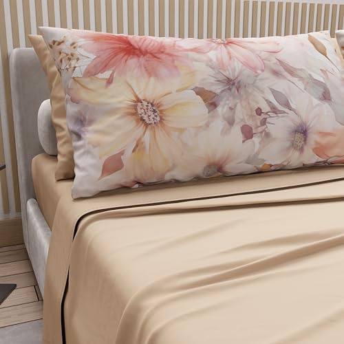 PETTI Artigiani Italiani - Double Bed Sheets Cotton with Pillowcases in Digital Print, Complete Sheet for Double Bed Maxi Floral Pattern 1 Beige, 100% Made in Italy