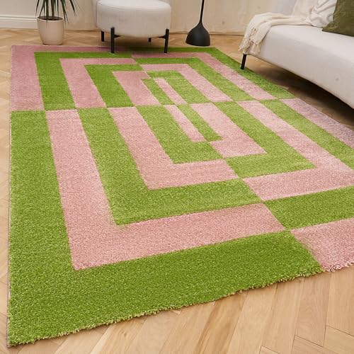 THE RUGS Joli Area Rug - Soft Dense Pile Modern Artistic Design, Durable & Easy Care Carpet for Living Room & Bedroom - Geometric Green & Pink, 160 x 230 cm