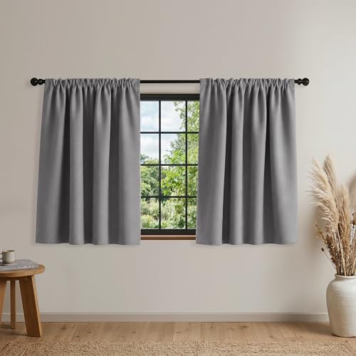 Mrs.Naturall 36 Inch Length Curtains for Small Windows 2 Panels Pocket Cafe Curtain Tier Blackout Light Grey Short Curtains for Bathroom Bedroom Gray Wide 34x36 Long