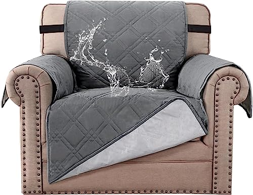 "BellaHills 100% Waterproof Chair Covers for Living Room Armchair Covers for Dogs/Pets Leather Couch Cover Furniture Chair Protector with Non-Slip Strap,Machine Washable (Chair 21"", Grey)"