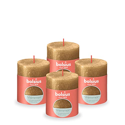 Bolsius Rustic Pillar Candle - Shimmer Gold - Pack of 4 - Long Burning Time of 35 Hours - Interior Decoration - Unscented - Includes Natural Vegan Wax - No Palm Oil - 8 x 7 cm
