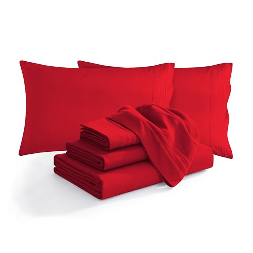 Elegant Comfort Luxury Soft 1500 Premium Hotel Quality Microfiber Wrinkle and Fade Resistant Cozy 6-Piece Bedding Set, Easy All Around Elastic Fitted Sheet, Deep Pocket, Queen, Red