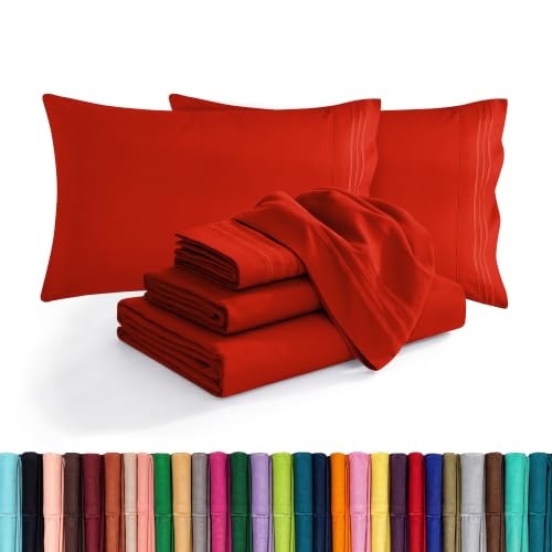 Elegant Comfort Luxury Soft 1500 Premium Hotel Quality Microfiber Wrinkle and Fade Resistant Cozy 6-Piece Bedding Set, Easy All Around Elastic Fitted Sheet, Deep Pocket, Queen, Red