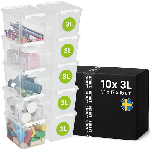 SmartStore Storage Boxes with Lids - 10x small 3L box - 21x17x15cm - Stackable plastic storage box with lid for toy, Lego & craft storage - clear food-safe plastic boxes - containers with lids
