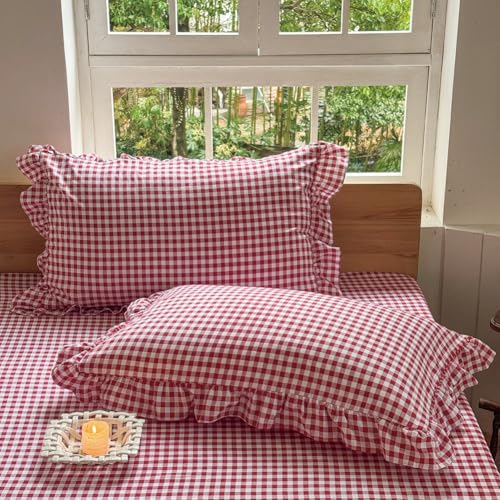 "NSNLGSGC Plaid Gingham Pillow Shams, Red, Queen Size, 20""x30"" - Green Checked, Pre-Washed, Microfiber, Farmhouse"