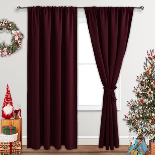 JIUZHEN Christmas Blackout Curtains for Bedroom - Thermal Insulated Room Darkening Noise Reducing, 52 x 84 Inch Length Curtains for Living Room, Set of 2 Panels with Tiebacks, Burgundy