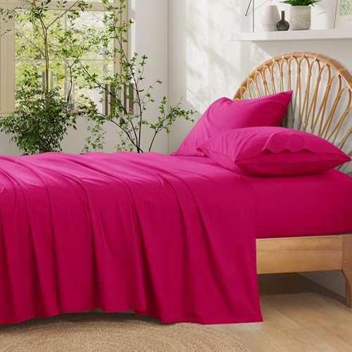 "Entisn Pure Cotton Sheets Queen 4-Pc Set, 400TC, 16"" Pocket, Hot Pink - Breathable Year-Round Comfort, Snug Fit with Full Elastic, Machine Washable for Easy Care, Soft Feel Gentle on Skin"