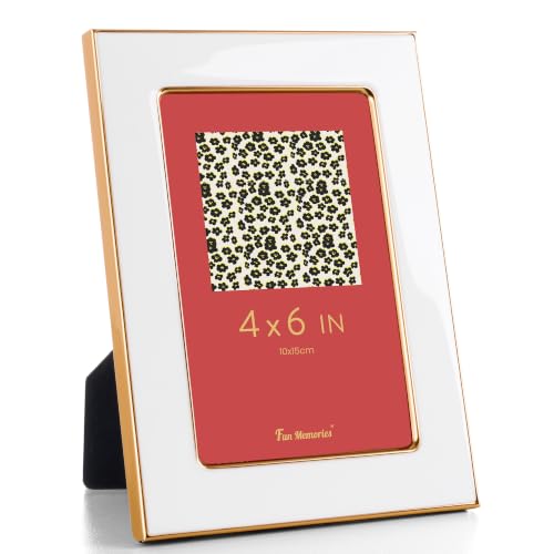 Fun Memories 4x6 Picture Frame - 1pcs White Enamel Glass Photo Frame with Gold Metal Edge & Easel for Display Picture Frame on Countertops, Tabletops, Bookshelves, Desks, Walls (White/Gold)