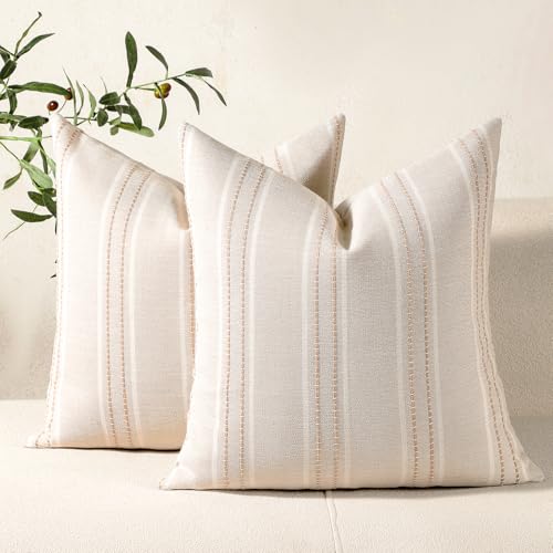 Hckot Hand Made Throw Pillow Covers 16x16 Set of 2 Striped Pillow Covers Linen Decorative Pillows Square Cushion Covers for Sofa Couch Bed Living Room Farmhouse Decor, Khaki