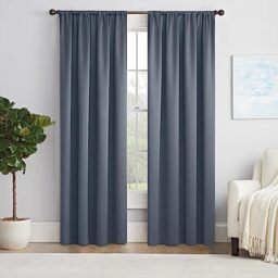 "Eclipse Solid Thermapanel Modern Room Darkening Rod Pocket Window Curtain for Bedroom (1 Panel) 54"" x 84"" Curtain panel in Blue"
