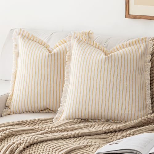 YEENAASY Striped Farmhouse Throw Pillow Covers 18X18 Set of 2 Boho Pillow Cover with Fringe Tassel Chic Cotton Decorative Pillows Modern Neutral Square Cushion Pillowcase for Sofa Couch Bed,Yellow
