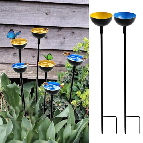 WSBXBB 2 Pack Bee Cups For Garden, Bee Waterer And Butterfly Water Stations, Metal Garden Sculpture Stakes Decor, Blue & Yellow
