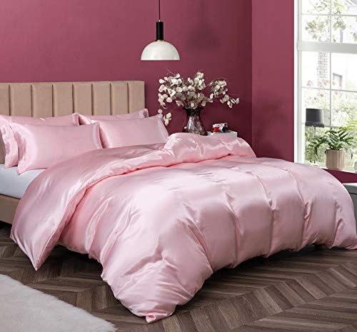 "P Pothuiny Satin Duvet Cover King, Soft Luxury Silky-Like Blush Pink 90"" x 104"" - Single Cover Only, Sold Separately With Zipper Closure & Corner Ties"
