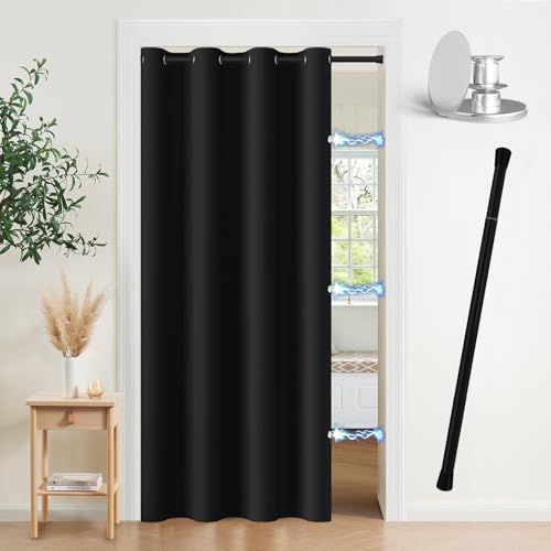 Vatge Magnetic Door Curtain with Rod - W52 x L78, 1 Panel, Black - Thermal Insulated Blackout Curtain for Room Darkening, Room Divider