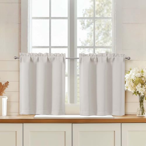 "OWENIE Natural Light Filtering Short Curtains Tier 24 Inch Length 2 Panels Set, Small Kitchen Curtains over Sink, Half Window Cafe Curtain for Bathroom Basement Cabinet Camper,Each 30""Wx24""L, Natural"