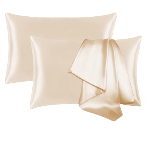 Jogcaw 2 Pack 100??? Silk Pillowcase for Hair and Skin, Soft Breathable Smooth Cooling Mulberry Silk Pillow Case Set of 2, Both Sides Grade 6A Silk Pillow Covers with Hidden Zipper (Beige, King)
