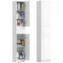 kleankin Tall Bathroom Cabinet with Adjustable Shelves High Gloss White