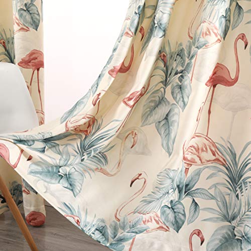 Autumn Dream Leaves Flamingo Pattern White Velvet Blackout Curtains Drapes,Grommet Top Pastoral Floral Farmhouse Curtains for Living Room,Bedroom,52 by63 inch