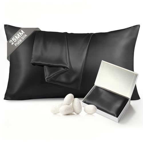 "THXSILK 100% Mulberry Silk Pillowcase for Hair and Skin, 25 Momme Both Sides Grade 6A+ Pure Natural Silk Pillowcase, Soft and Breathable Black Zipper Pillow Case, Queen Size 20""x30"""