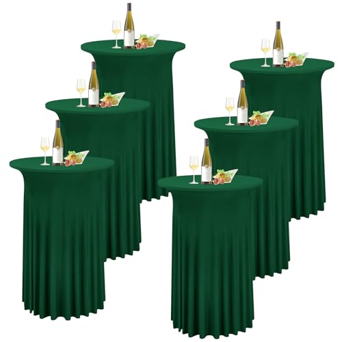 "REWOMC 6 Packs Dark Green Round Cocktail Table Skirt 32""x 43"" - Spandex Stretch Cocktail Tablecloth with Wavy Drapes, Fitted High Top Table Covers for Wedding Bar Party Birthday"