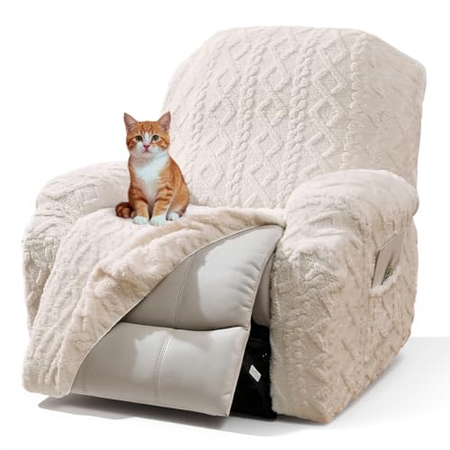 vctops 4 Pieces Geometric Jacquard Plush Recliner Slipcovers Soft Fuzzy Fluffy Sofa Couch Cover Anti-Slip Furniture Protector with Elastic Bottom for Kids Cats Dogs(Cream,1 Seat)
