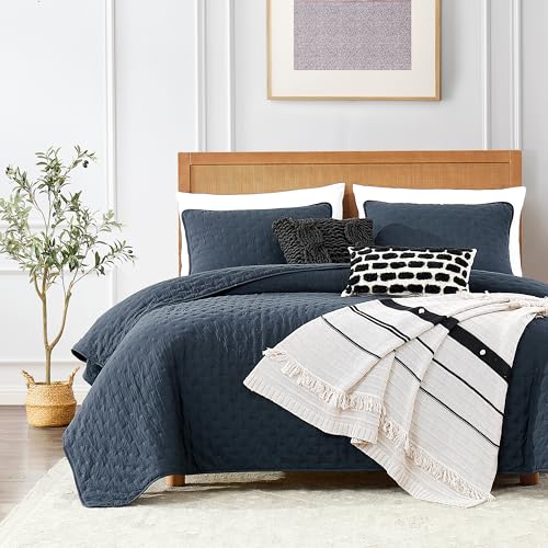 ROARINGWILD Throw Pillow Cover Set, Bedding Set, Soft and Lightweight Throw Pillow Cover Thin Bed Cover Blanket for All Seasons 3 Pieces Navy Blue, 228 x 228 cm (90 x 90 inch), Queen Size