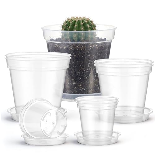 Baderke 8 Pack Clear Nursery Pot,Multiple Sizes - Drainage Hole, Large, Variety, Clear Plant Pots with Trays, Indoor Outdoor, Vegetable Propagation, Seed Starting