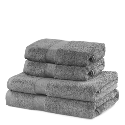 DecoKing Set of 4 Cotton Quality 525 g/m² 2 Hand Towels 50 x 100 cm and 2 Bath Towels 70 x 140 cm Silver Steel Grey Absorbent Marina