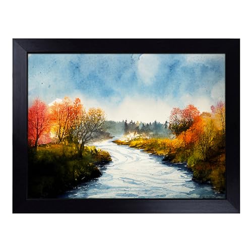 Lap Tray with Bean Bag Cushion, An Autumn Forest River - Handmade in the UK, Raised Wooden Edge, Padded Cushion, Heat-Resistant Wipe-Clean Surface, for Meals, Laptops and Crafts