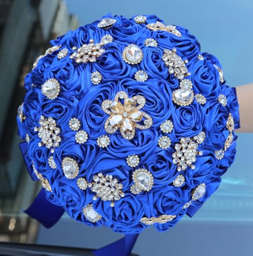 "Mhojpik 9.8"" Royal Blue Bridal Wedding Bouquet Round Bling Brooch Bouquet Throw Toss Artificial Rose Flower Bunch for Bride Bridesmaid Wedding Quinceanera"