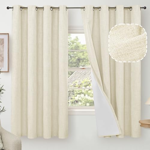 60 Inch Wide Linen Blackout Curtains for Bedroom 63 Inch Length 2 Panels, Total Black Out Thermal Insulated Energy Efficiency Grommet Boho Window Drapes White Liner for Modern Farmhouse, Cream