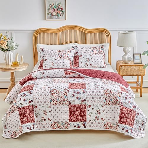 Joyreap 2 Pieces Floral Patchwork Quilt Set Twin, Burgundy Red n White Flowers Design, Smooth Soft Microfiber Quilt, Bedspread Bed Cover for All Season, 68x86 inches