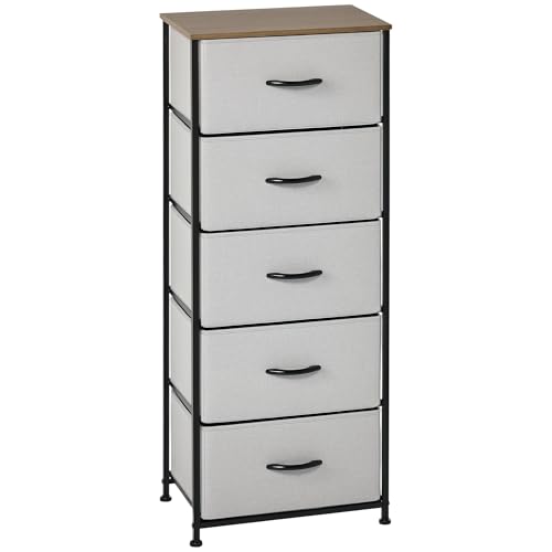 HOMCOM Fabric Chest of Drawers, Industrial Bedroom Dresser with 5 Fabric Drawers, Steel Frame and Wooden Top for Nursery, Living Room, Hallway, Grey