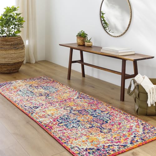 Livabliss Lou Asmara Vintage Runner 80x220 cm – Multicolour Boho Style for Hallway, Kitchen & Living Room, Easy Care Floor Covering, Orange Navy Teal Burgundy