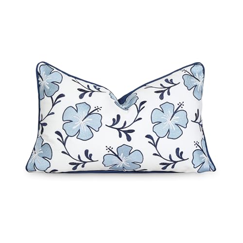 "Hofdeco Premium Coastal Patio Indoor Outdoor Lumbar Pillow Cover Only, 12""x20"" Water Repellent for Backyard, Couch, Baby Navy Blue Embroidered Hibiscus Floral with Piping"