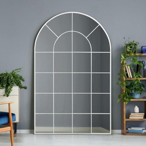"MirrorOutlet The Arcus - White Framed Window Modern Full Length Arched Leaner/Wall Mirror 75"" X 47"" (190CM X 120CM) Silver Mirror Glass with Black All weather Backing."