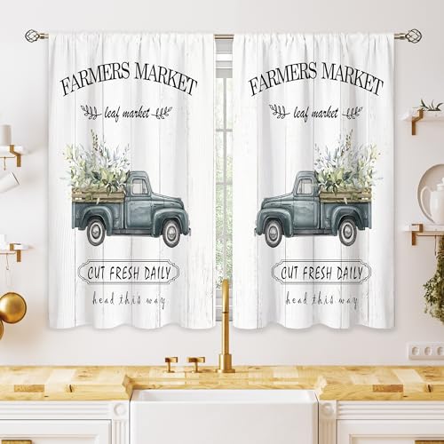oolygoo Farmhouse Truck Wooden Flower Small Kitchen Curtains Rustic Eucalyptus Window Treatment Country Floral Cafe Short Curtains for Bathroom Dining Laundry Room Tier Treatment Drapes 27.5x39 inch