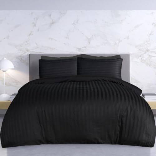 Sleepdown Soft Hotel Quality 225 THREAD COUNT COTTON Black Satin Stripe Reversible Duvet Cover Quilt Bedding Set with Pillowcases Easy Care Bed Linen - Super King (260cm x 200cm)