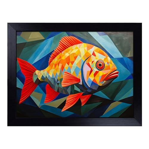 Lap Tray with Bean Bag Cushion, Fish Geometric - Handmade in the UK, Raised Wooden Edge, Padded Cushion, Heat-Resistant Wipe-Clean Surface, for Meals, Laptops and Crafts