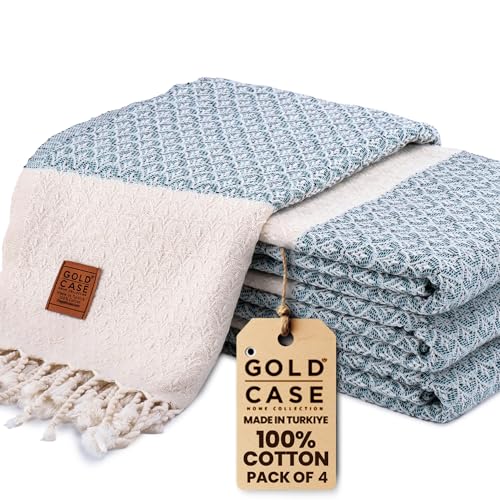Gold CASE Turkish Beach Towel Set of 4 ??? 100% Cotton Large Turkish Bath Towels 67 x 38'' ??? Helen Extra Large, Quick Dry & Sand Free Towels ??? Peshtemal for Pool ??? Aqua
