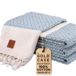 Gold CASE Turkish Beach Towel Set of 4 ??? 100% Cotton Large Turkish Bath Towels 67 x 38'' ??? Helen Extra Large, Quick Dry & Sand Free Towels ??? Peshtemal for Pool ??? Aqua
