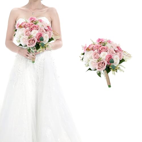 HOMENERGY Wedding Bouquet for Bridesmaid- Hand Holding Flower Bouquet 7 Inch Artificial Flower Bouquet for Bride Party Ceremony Anniversary Decor - Dusty Pink & White