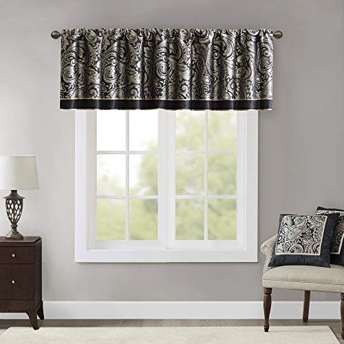 "Madison Park Faux Silk Paisley Jacquard, Rod Pocket Curtain with Privacy Lining for Living Room, Kitchen, Bedroom and Dorm, Polyester, Black, 50"" W x 18"" L (Pack of 1)"